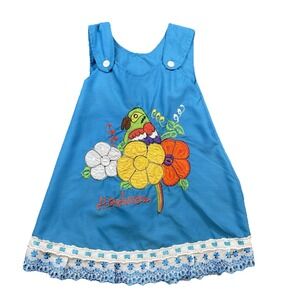 Vtg Handmade Folk Dress 4T Honduras Parrot Embroidery Floral Blue Lace Trim Art‎